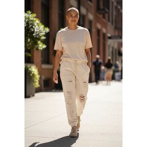 POL Cream Distressed Joggers- SMALL